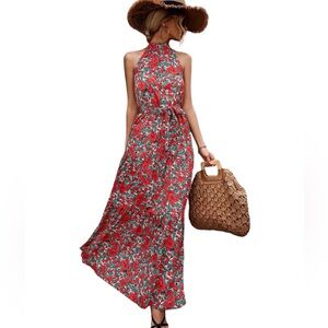 Shein 4XL Women’s Red Floral Maxi Dress Halter Summer Wedding Mediterranean